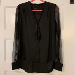 LOFT Blouse lace sleeves, neck tie and buttons